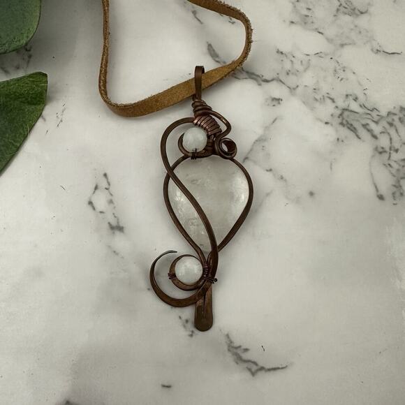 Hand Made Copper Pendant Necklace Quartz Stone Leather Cord Boho - Picture 2 of 5